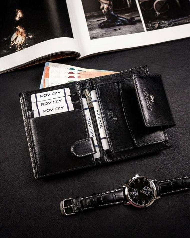 Portfel, czarny, skórzany, RFID, Rovicky