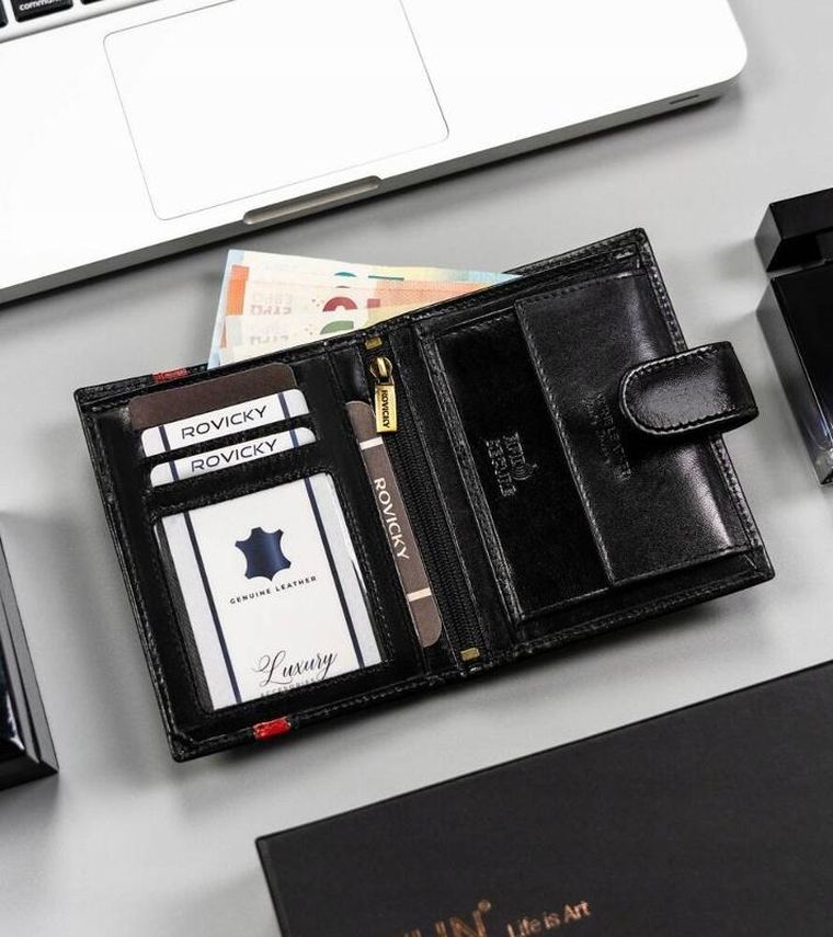 Portfel, czarny, skórzany, RFID, Rovicky