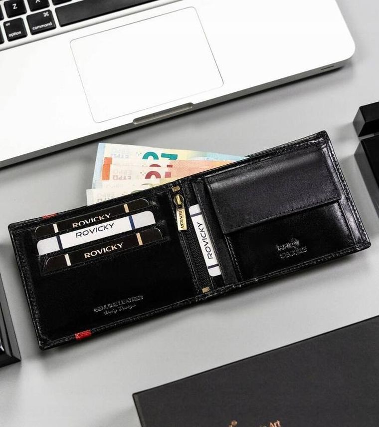 Portfel, czarny, skórzany, RFID, Rovicky