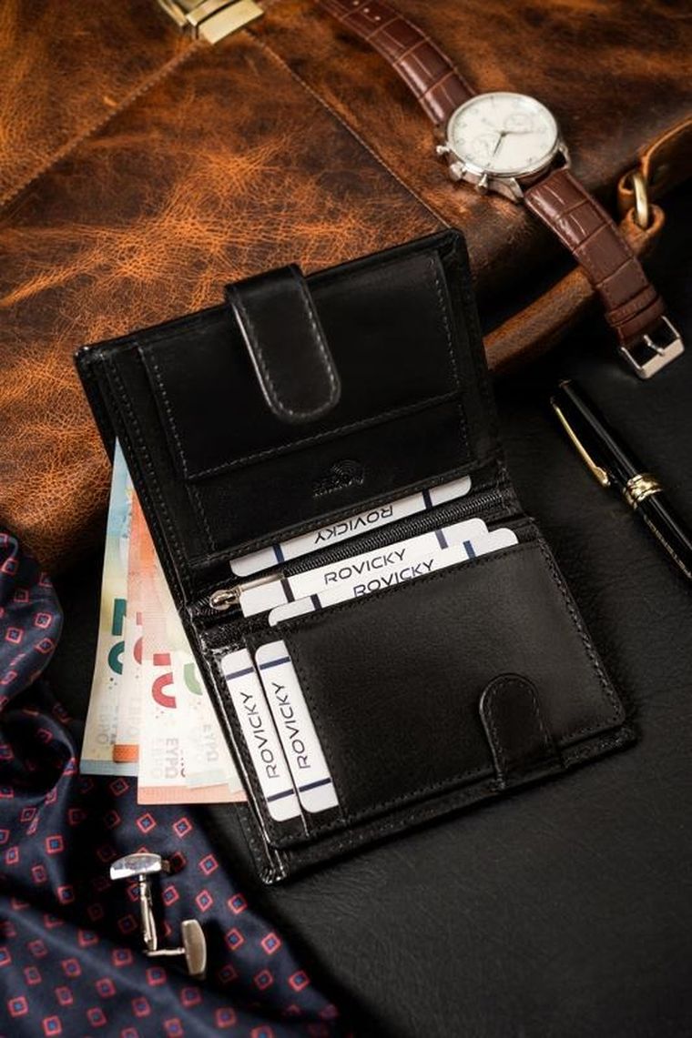 Portfel, czarny, skórzany, RFID, Rovicky