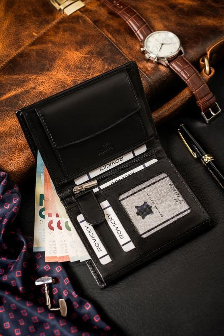 Portfel, czarny, skórzany, RFID, Rovicky