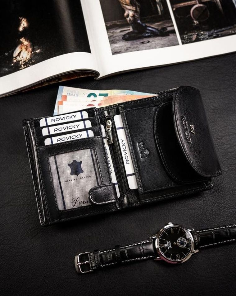 Portfel, czarny, skórzany, Rovicky