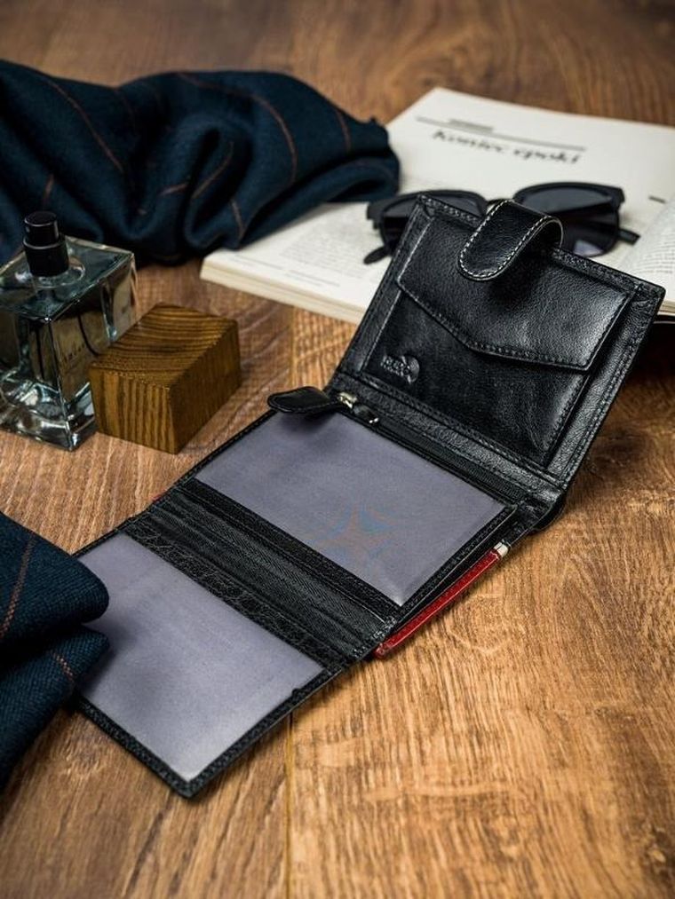 Portfel, czerwono-czarny, skórzany, RFID, Rovicky