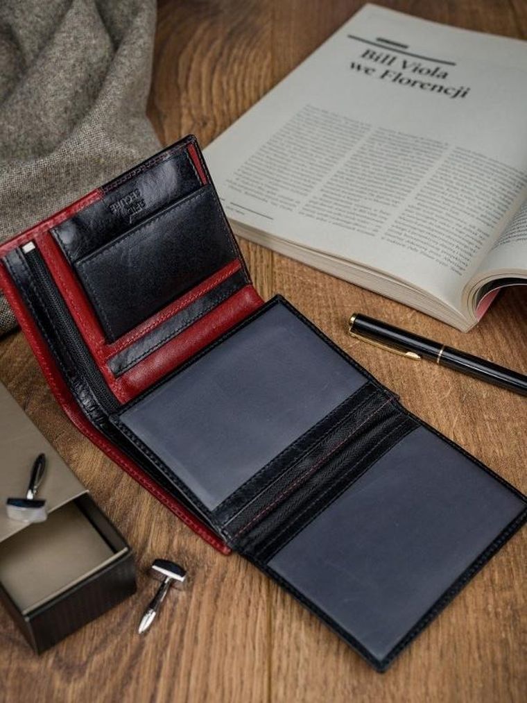 Portfel, czerwono-czarny, skórzany, RFID, Rovicky