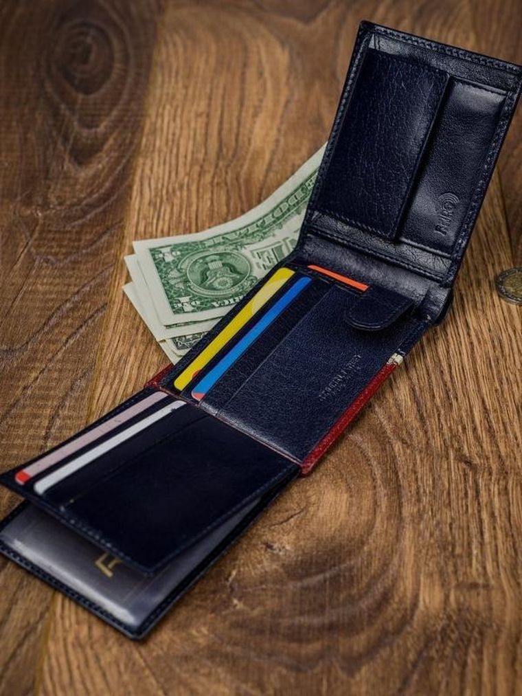 Portfel, czerwono-granatowy, skórzany, RFID, Rovicky