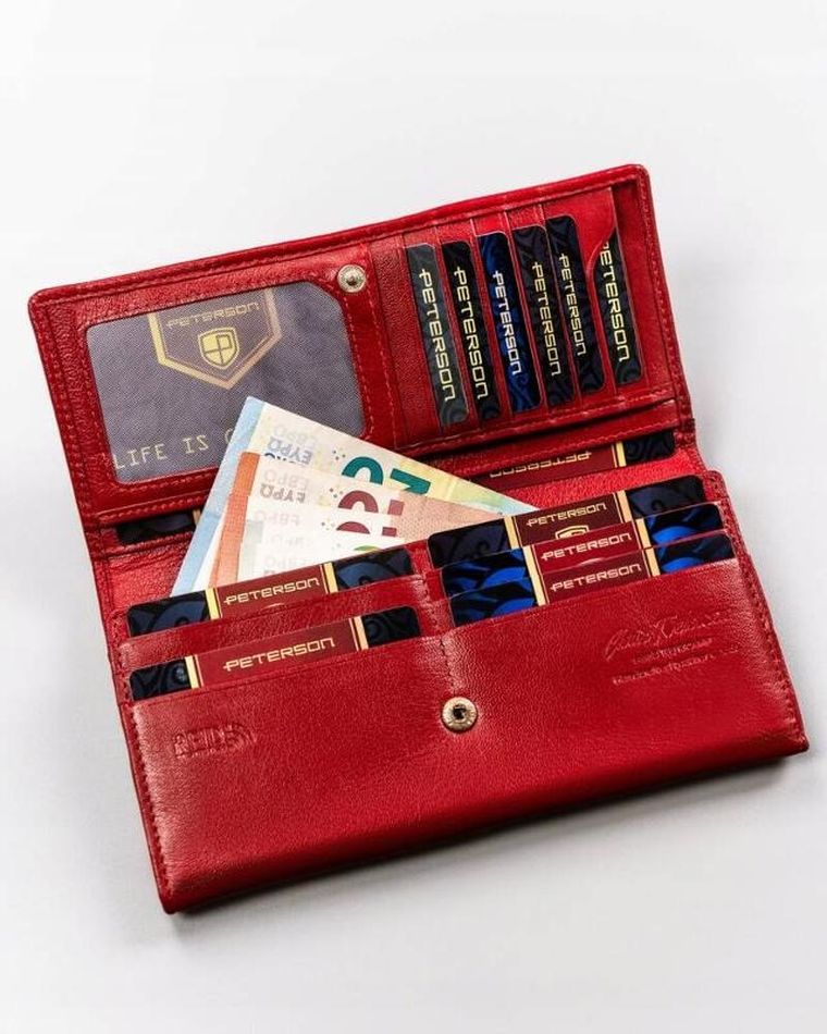 Portfel, czerwony, skórzany, RFID, Peterson