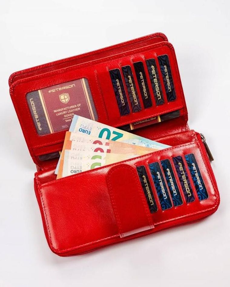 Portfel, czerwony, skórzany, RFID, Peterson