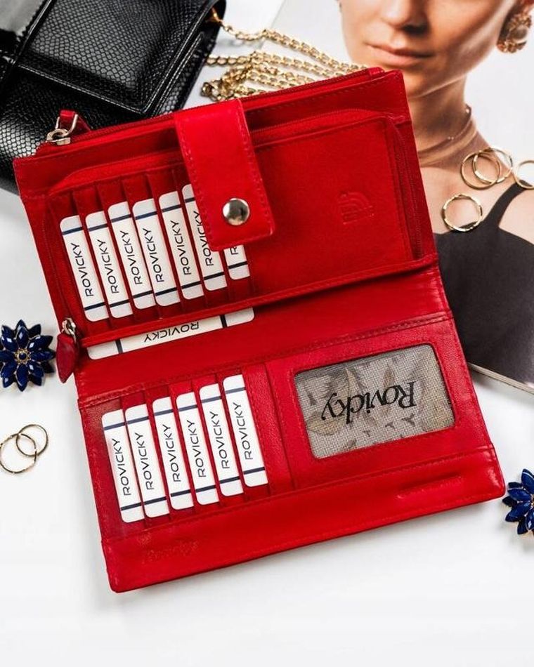 Portfel, czerwony, skórzany, RFID, Rovicky