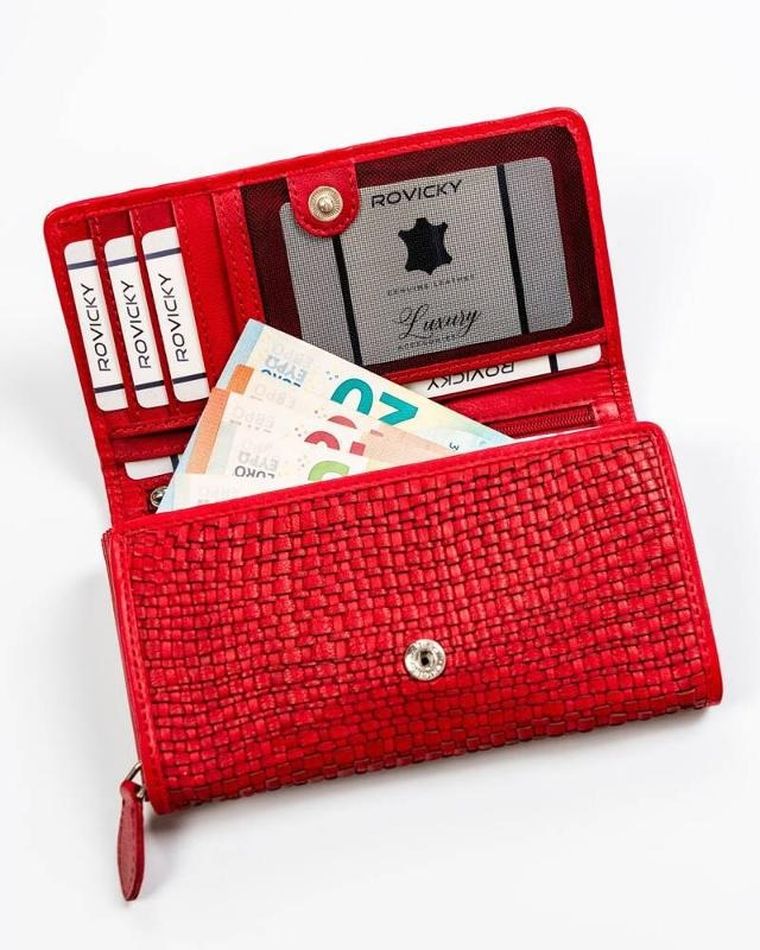 Portfel, czerwony, skórzany, RFID, Rovicky