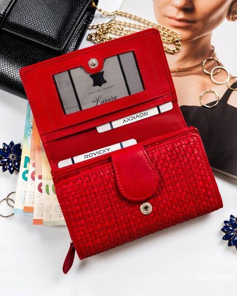 Portfel, czerwony, skórzany, RFID, Rovicky
