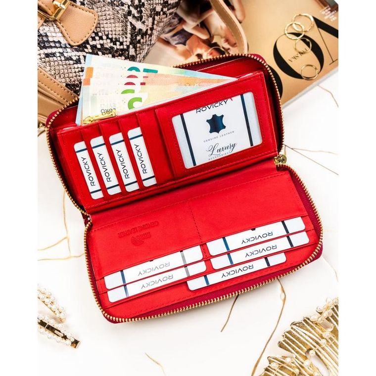 Portfel, czerwony, skórzany, RFID, Rovicky