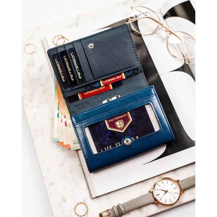 Portfel, granatowy, skóra ekologiczna, RFID, Peterson