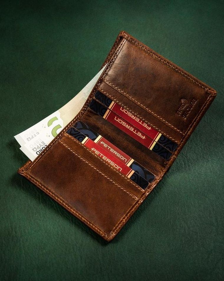 Portfel na karty, brązowy, skórzany, Peterson