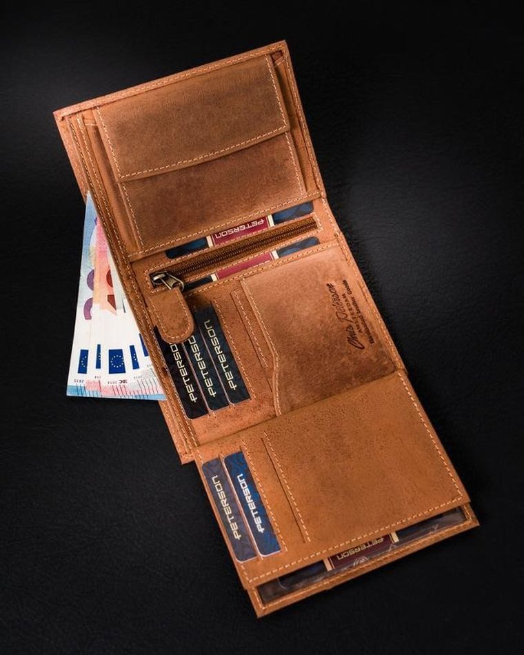 Portfel na karty, brązowy, skórzany, Peterson