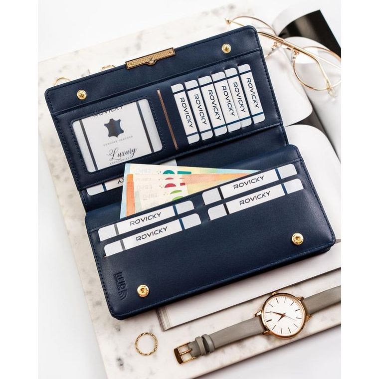 Portfel-piórnik, granatowy, skóra ekologiczna, RFID, Rovicky