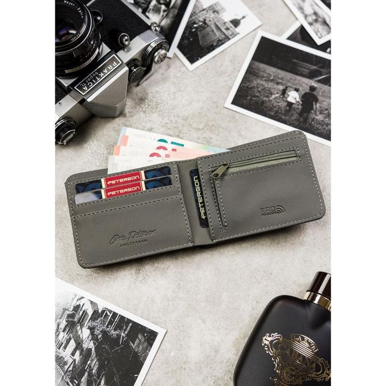 Portfel, szary, skóra ekologiczna, RFID, Peterson
