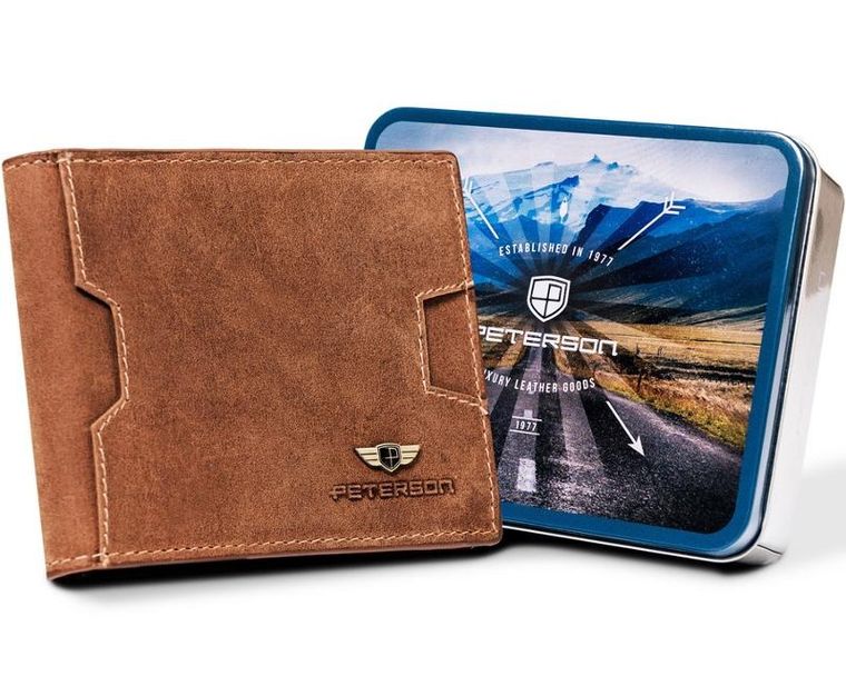 Portfel z kieszonką na kartę, brązowy, skórzany, Peterson