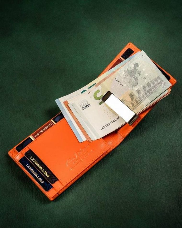 Portfel z kieszonką na kartę, czarno-pomarańczowy, skórzany, Peterson