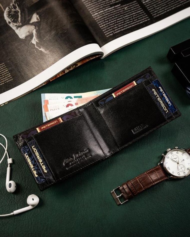 Portfel z kieszonką na kartę, czarny, skórzany, Peterson