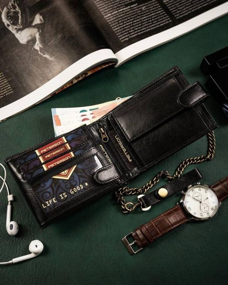 Portfel z łańcuszkiem, czarny, skórzany, Peterson