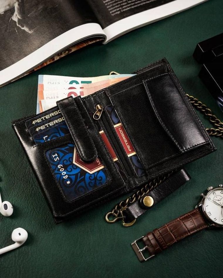 Portfel z łańcuszkiem, czarny, skórzany, Peterson