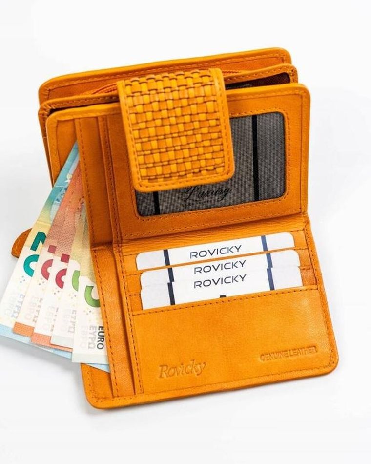 Portfel, żółty, skórzany, RFID, Rovicky