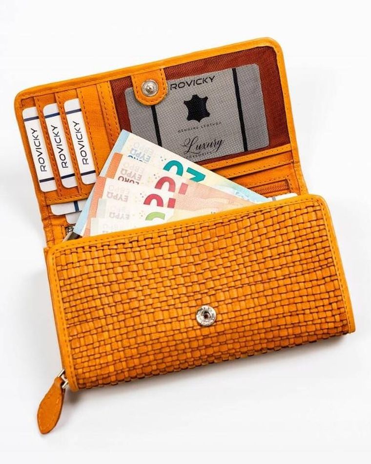 Portfel, żółty, skórzany, RFID, Rovicky