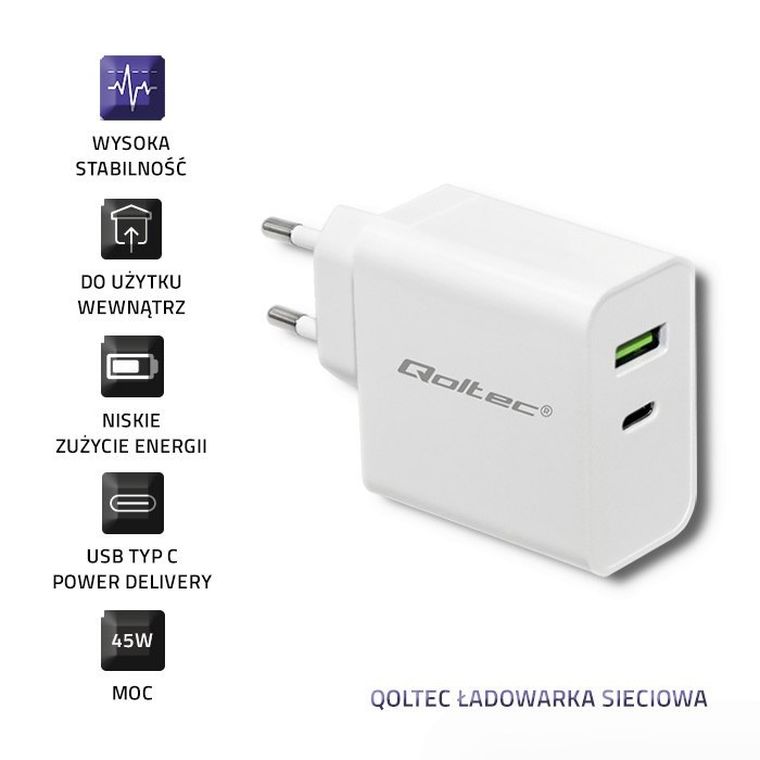 Qoltec, ładowarka sieciowa, 42W, 5-20V, 2.4-3a, USB Typ C, Pd, USB, biała