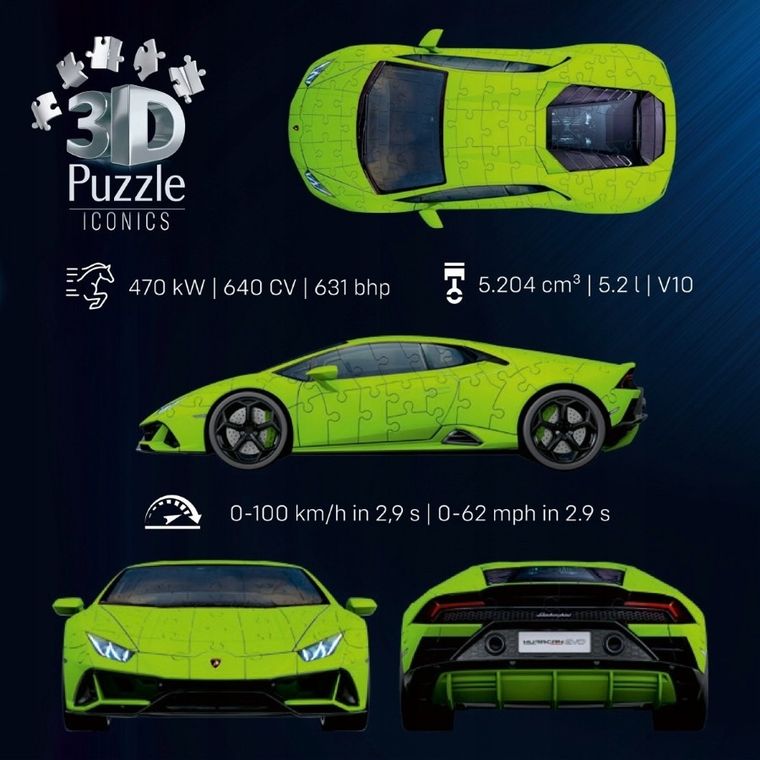 Ravensburger, Iconics, Lamborghini Huracn EVO-Verde, 1:18, puzzle 3D, 108 elementów