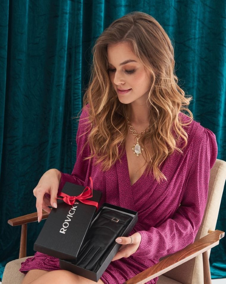 Rękawiczki damskie, do ekranów dotykowych, czarne, skórzane, Rovicky