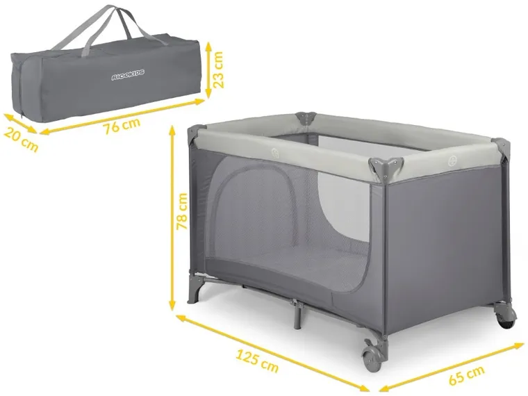 Ricokids, łóżeczko turystyczne, z materacem i torbą, ciemnoszare
