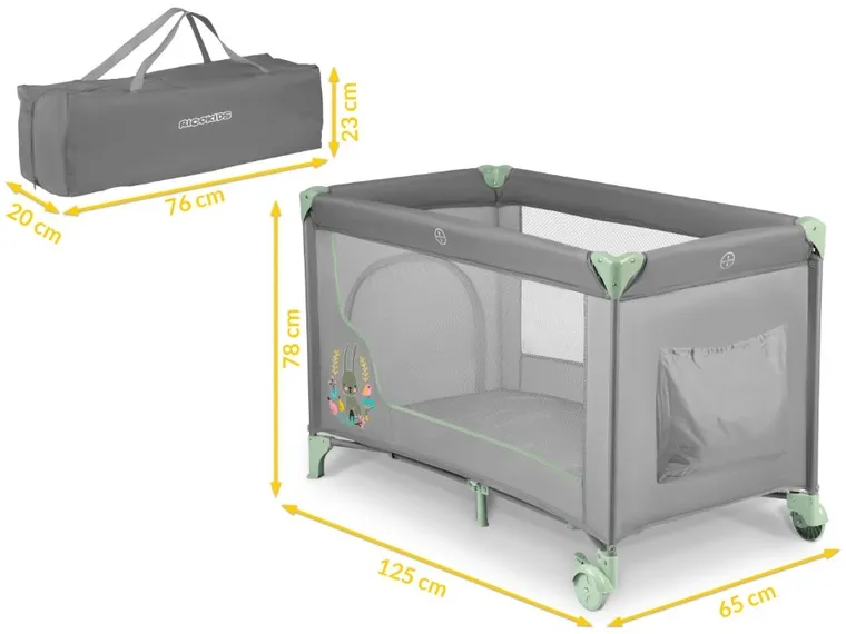 Ricokids, łóżeczko turystyczne, z materacem i torbą, szaro-miętowe