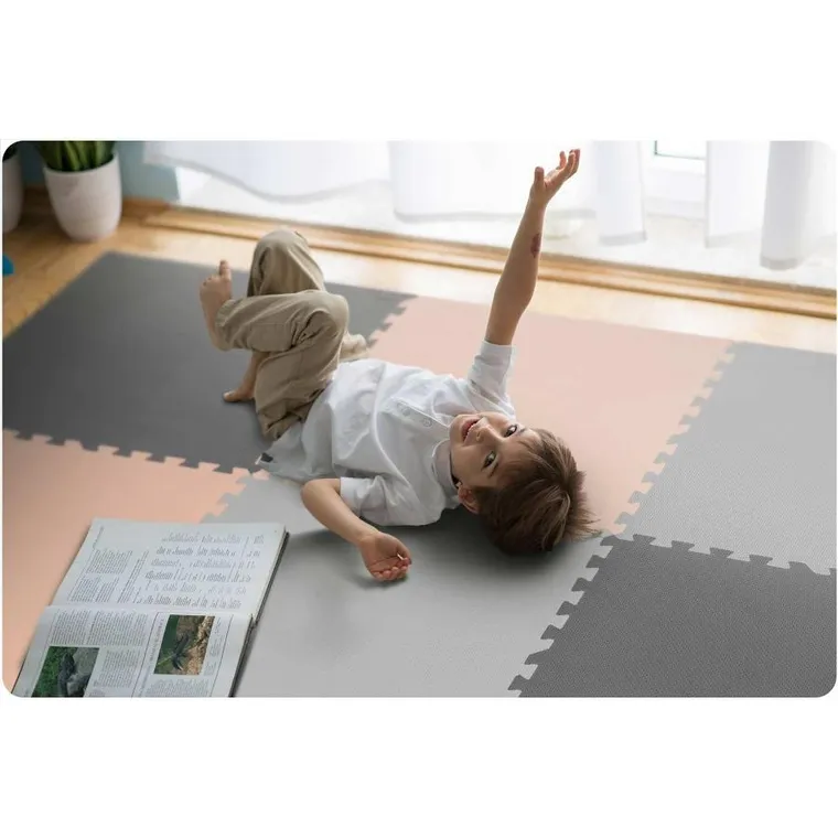 Ricokids, mata piankowa, puzzle, szachownica, 9 elementów, szaro-brzoskwiniowa, 180-180 cm