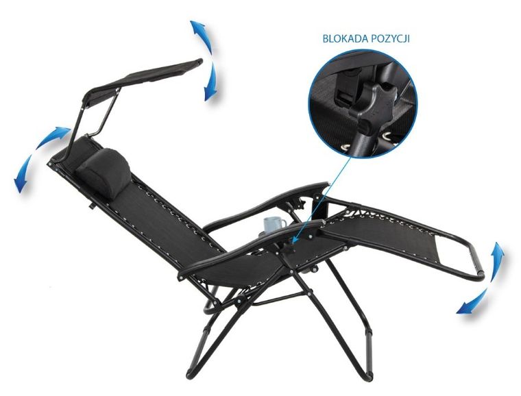 Saska Garden, wielofunkcyjny składany leżak ogrodowy z daszkiem, czarny, 175-52/65-110 cm