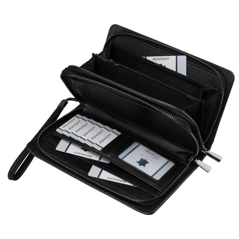 Saszetka do ręki, czarna, skóra ekologiczna, Rovicky