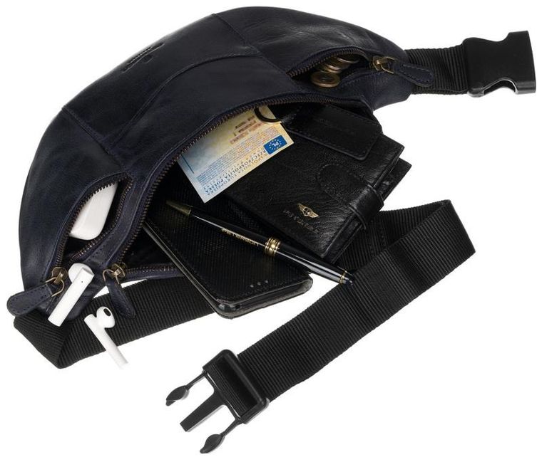 Saszetka na biodro, nerka, granatowa, skórzana, Peterson