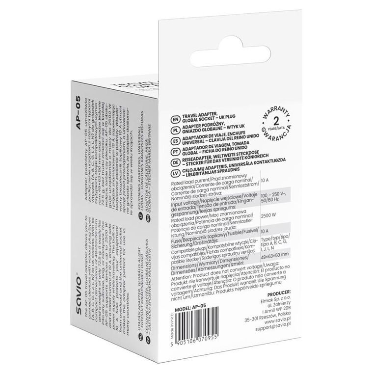 Savio, adapter podróżny, gniazdo globalne, wtyk UK, AP-05