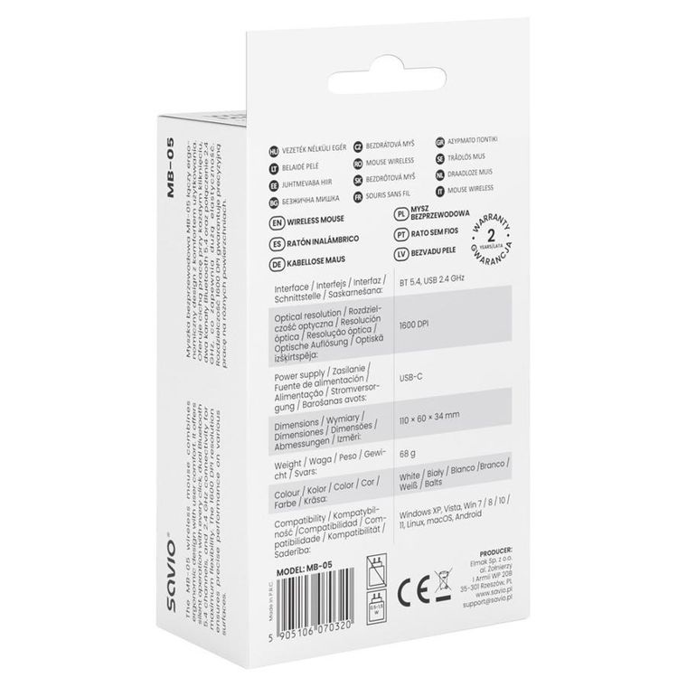 Savio, mysz bezprzewodowa, 2.4 GHZ, biała, MB-05