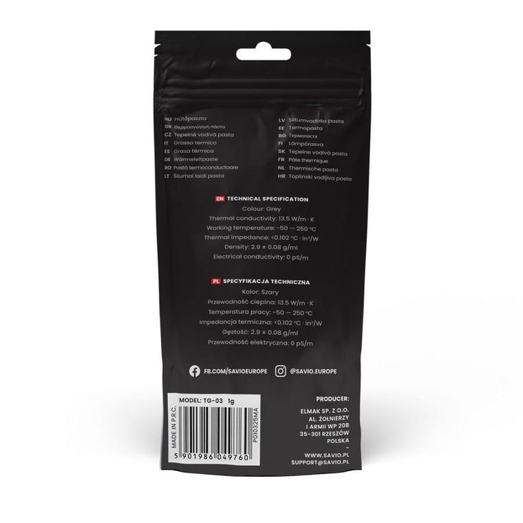 Savio, pasta termoprzewodząca, 13,5W/MK, 1g