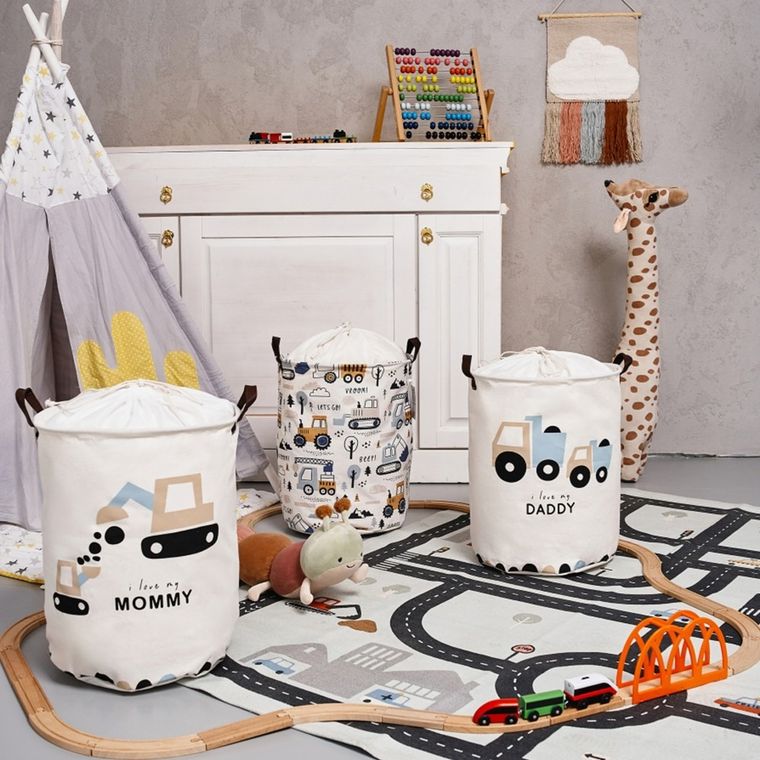 Sipo, kosz na zabawki XL, bawełniany, wodoodporny, zamykany na ściągacz, Koparki