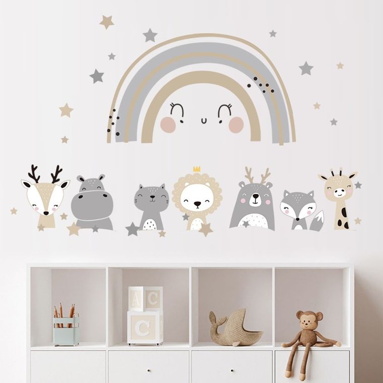 Sipo, naklejki na ścianę do pokoju dziecięcego, Zwierzątka i tęcza