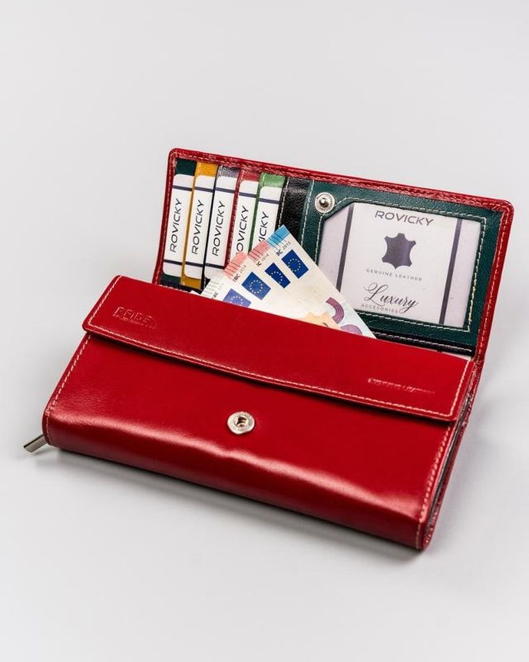 Skórzany portfel damski w orientacji poziomej na zatrzask, Rovicky