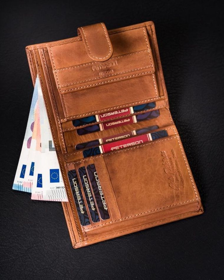 Skórzany, zapinany portfel męski na karty, Peterson