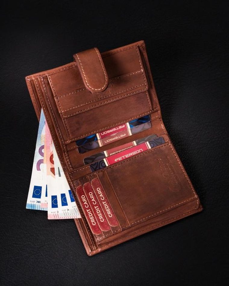 Skórzany, zapinany portfel męski na karty, Peterson