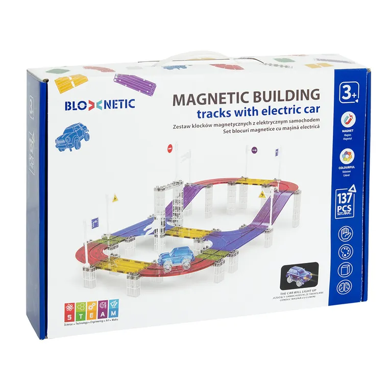 Smiki, Bloxnetic, tor samochodowy, klocki magnetyczne z elektrycznym samochodem, 137 elementów