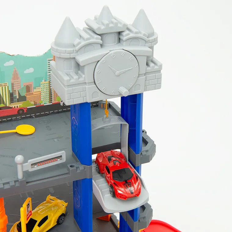 Smiki, tor wyścigowy z parkingiem i windą, zestaw z pojazdami, 68 elementów
