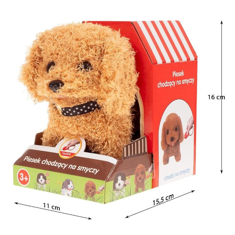 Smily Play, piesek chodzący na smyczy, maskotka interaktywna, włochaty brązowy
