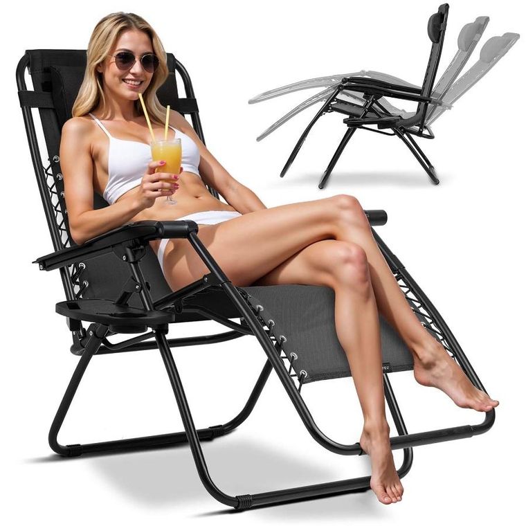 Sofotel, ChillWell, leżak ogrodowy składany z poduszką, czarny, zestaw, 2 szt.
