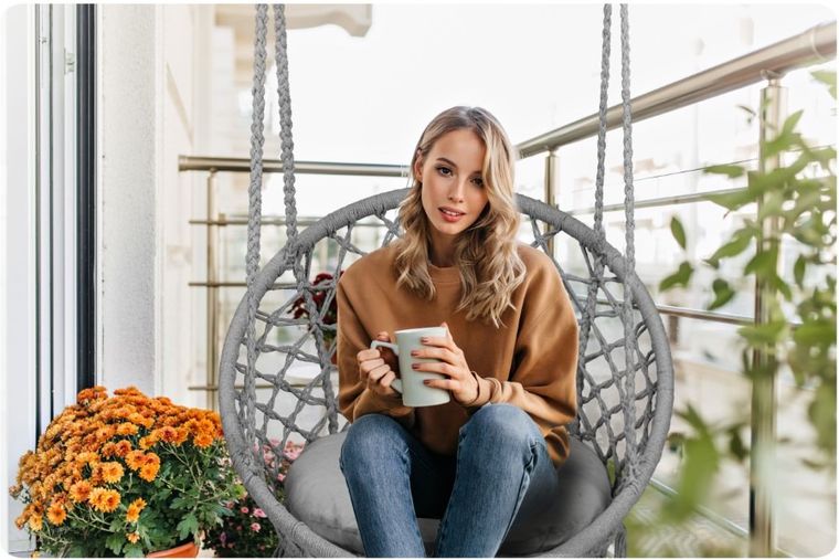 Sofotel, fotel wiszący z poduszką, boho, szary