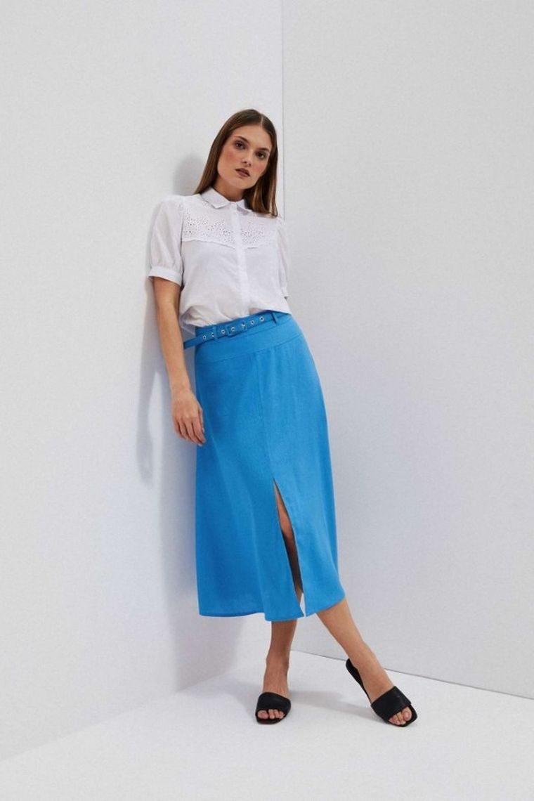 Spódnica damska z lnem, niebieska, Moodo